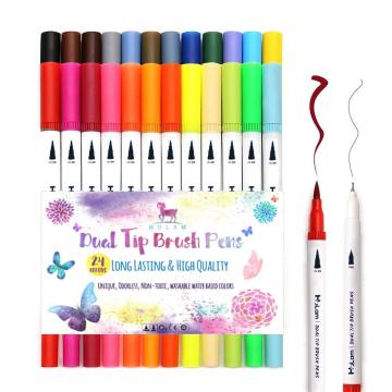 24 Farben Dual Tipps Pinselmarker -Stifte Pack mit Aquarellstiften und PVC -Beutel