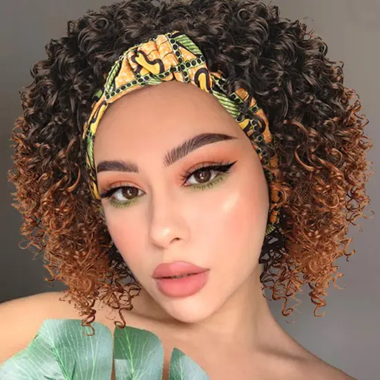 Wholesale Short Kinky Curly Headband Wigs for Black Women Deep Curly Wrap wig 2 in 1 Wig