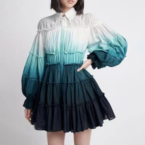 Long Sleeve Ruffled Dress With Tie Dye Print