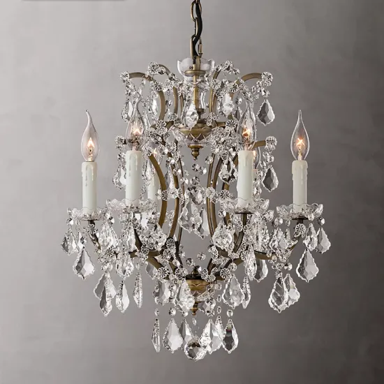 Midcentury Rustic Iron 6-Light Crystal Chandelier