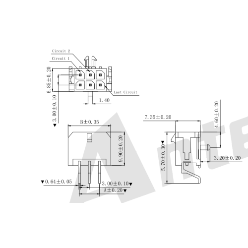 MX3,0 mm SMT 90 ° avec une forking Série de connecteurs de la plaquette AW3045SD-2XNP