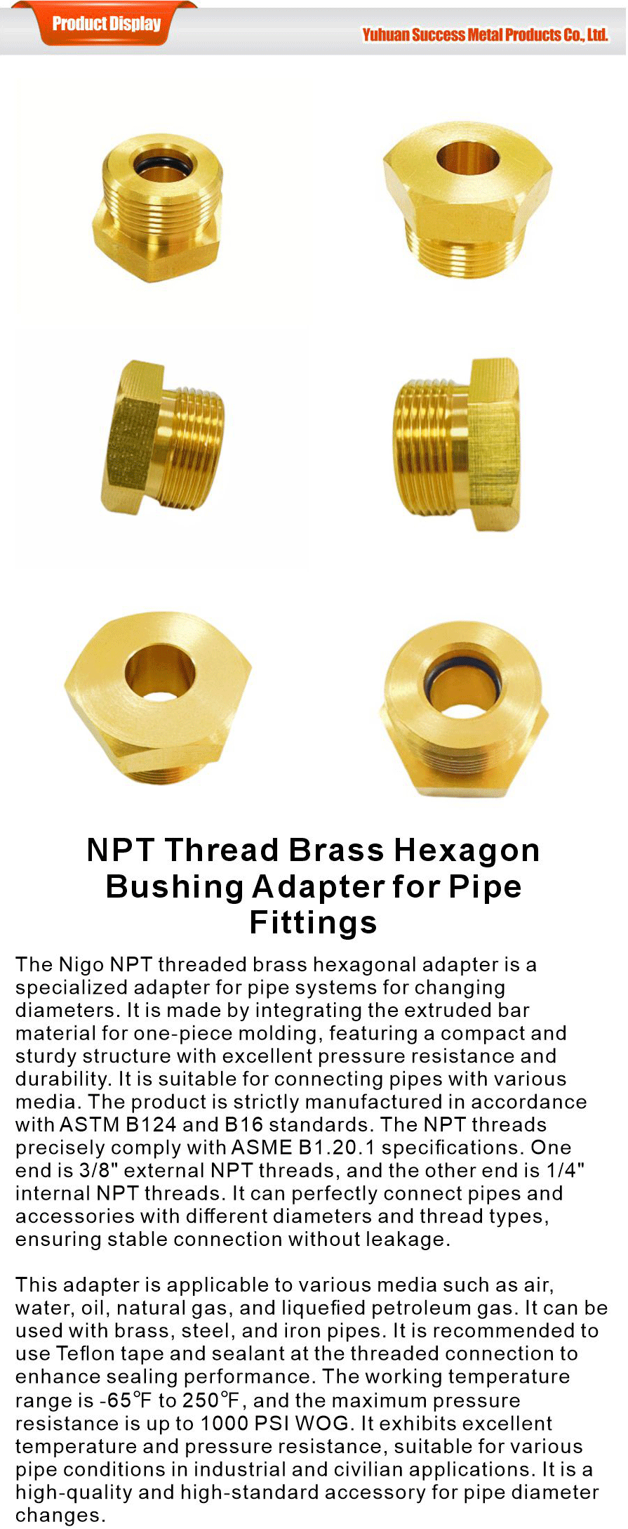 npt brass hexagon bushing adapter pipe fitting