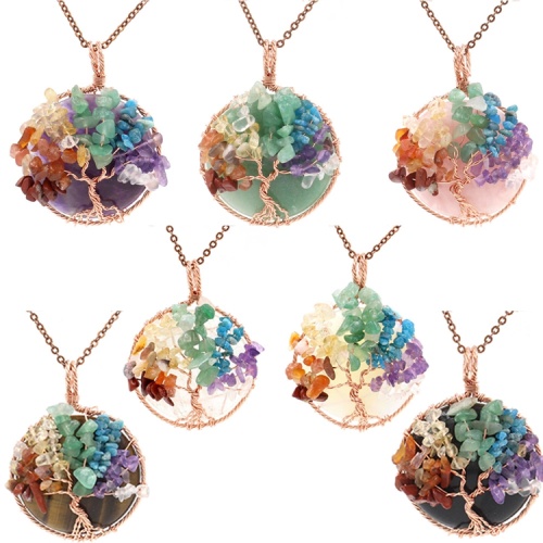 Tree of Life Wire Wrapped Natural Gemstone Healing Crystal Round Pendant Necklace