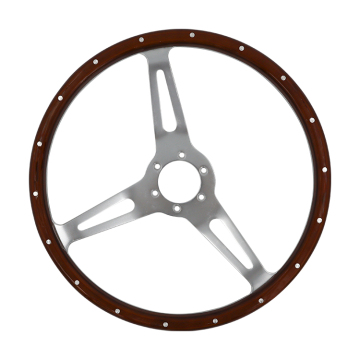 Vintage Car Steering Wheel: 380mm Diameter, 3 Spoke, Wooden Finish