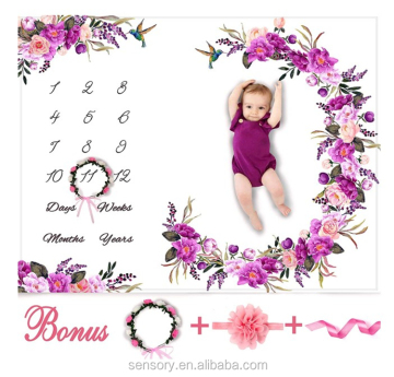 Custom Printed 300gsm Super Soft Floral Design Milestone Baby Blanket for Newborn Bedroom Decor