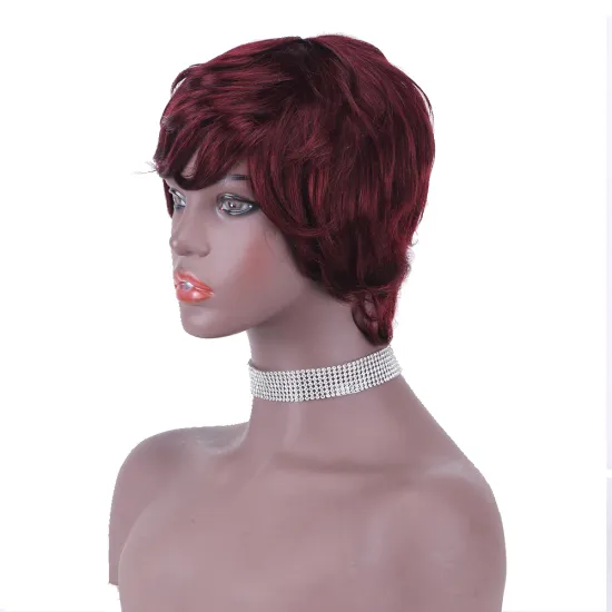 wholesale 99j wig machine made pixie cut short curly bob with side bangs burgundy raw indian brazilian virgin human hair wigs