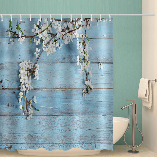 Blue Wood Plank Waterproof Shower Curtain White Flower Bathroom Decor with Hooks