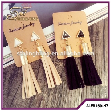 Vintage Triangle Tassel Drop Earrings Faux Suede Fabric Long Dangle Earrings for Women