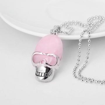 Rose Quartz Skull Gemstone Pendant Necklace