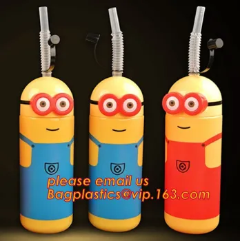 BPA Free plastic minions water bottle with straw, water bottle, juice bottle, juice cup