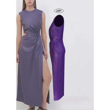 Thigh-high Side Slit Faux Leather Midi Waist Dress