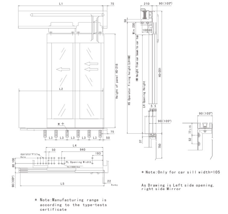 Two Panels Side Opening Car Glass Door With Frame-drawing