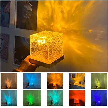3D Rotating Crystal Aurora Lamp with Blue Dynamic Water Ripple Cube Night Light