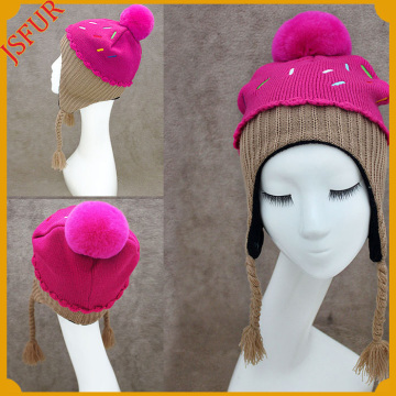 Unique latest design girl child cute hat ice-cream pattern knitting hat with real rex rabbit fur pom poms
