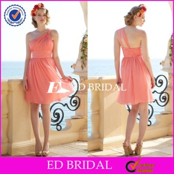CE1024 One-shoulder Backless Knee-Length Coral Color Chiffon Bridesmaid Dress Patterns 2014