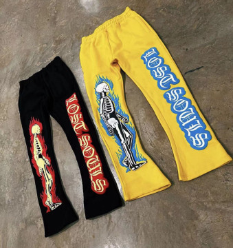 Custom Skeleton 3D Puff Print Fleece Jogger Sweatpants: Stylish Mens Streetwear Loose Trousers with Stacked Flared Design