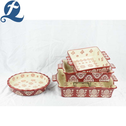 Ceramic Baking Tray Round Lace Bakeware With Binaural