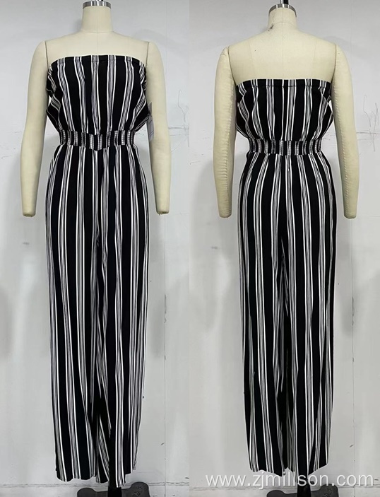 Summer Lady's Strapless Elastic Waist Striped Jumpsuit