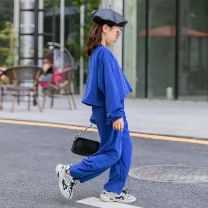 High quality girls 100% cotton sweat suit solid color hip hop 2-piece set girls sweat suit