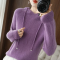 Hooded pull-cord wool knit jumper