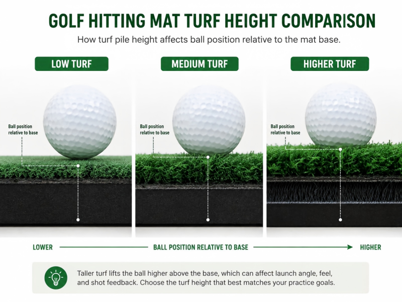 Golf ball position comparison on golf hitting mats with different turf heights