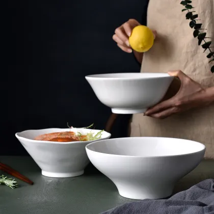 Japanese Ceramic Ramen Bowl - Solid White Round Noodle Bowl