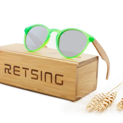 Kids Wood Polarized Round Sunglasses with Mirror Lenses