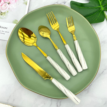 Ceramic Handle Stainless Steel Knife Fork Spoon Set Bulk Gold Coffee Fruit Cutlery