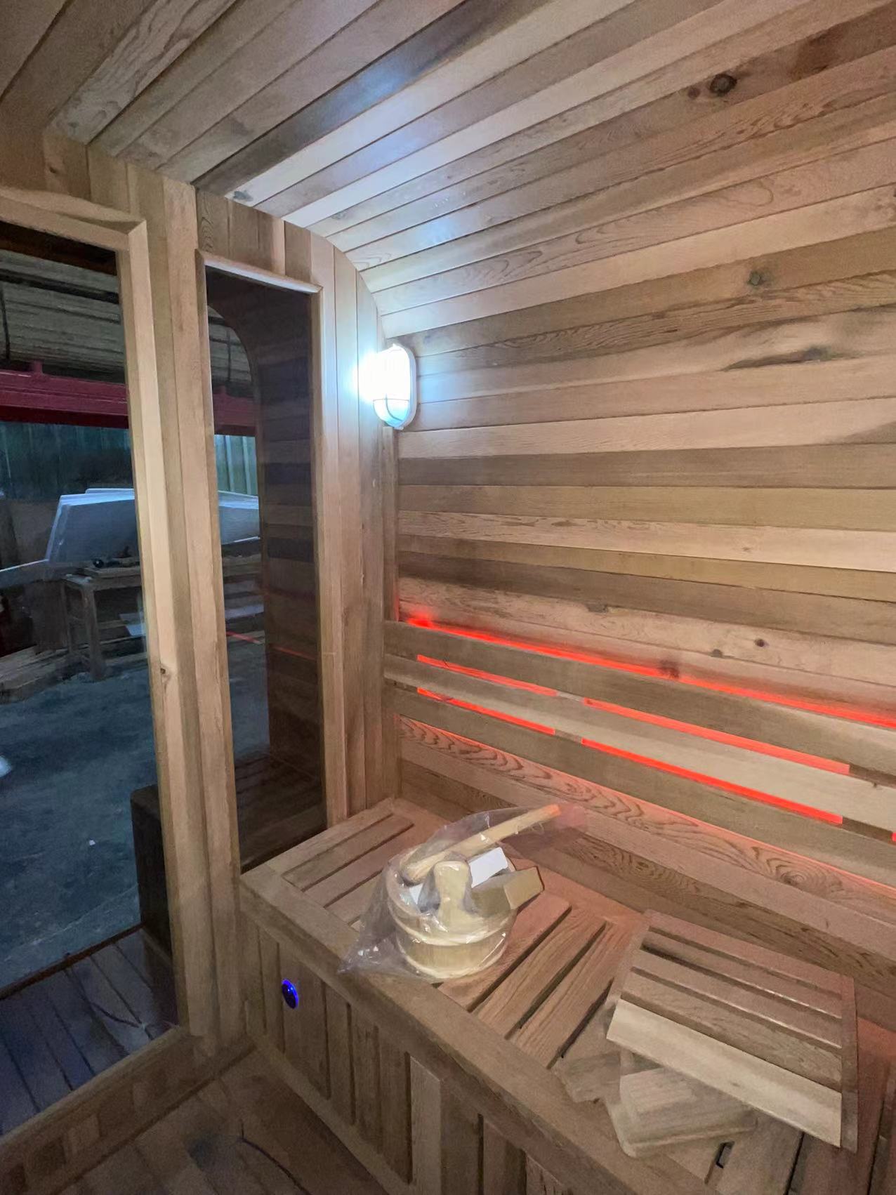 Traditional Outdoor Square Barrel Saunas with Porchs