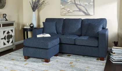 Russell Sectional Sofa Navy Fabric 2 Pillows Coffee Legs