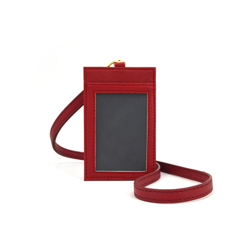 Saffiano Leather ID Card Holder with Neck Lanyard