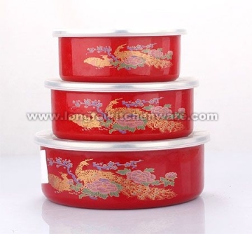 3PCS Storage Bowl With Plastic Cover Red Color Golden Peacock