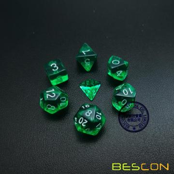 Bescon Mini Polyédrique Translucide RPG Dice Set 10MM, Petit jeu de rôle RPG Jeu Dice Set D4-D20 en Tube, Vert Transparent