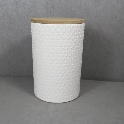 Embossed Ceramic Storage Jar With Bamboo Lid