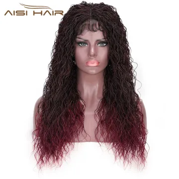Aisi Hair Ombre Wine Red Lace Front Long Braided Wigs For Women Senegalese Twist Braided Lace Front  Synthetic Long Wavy Wigs