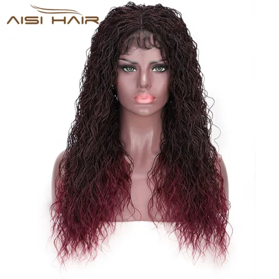 Aisi Hair Ombre Wine Red Lace Front Long Braided Wigs For Women Senegalese Twist Braided Lace Front  Synthetic Long Wavy Wigs