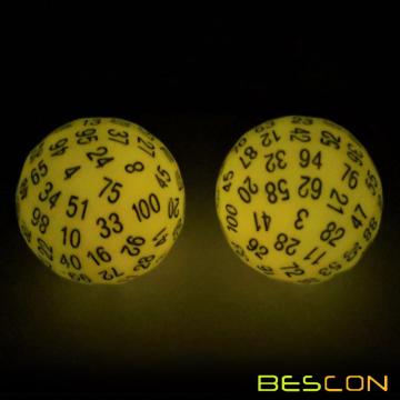 Bescon Glow in Dark Polyhedral Dados de 100 lados Luminoso amarillo, dados luminosos D100, cubo de 100 lados, dados de juego Glow-in-Dark D100