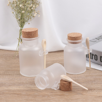 Empty 100g 200g 300g Powder Plastic Bottle Bath Salt Jar With Wood Cork & Wooden Spoon