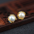 Wholesale 925 Sterling Silver Ear Stud Cloisonne Flower Freshwater Pearl Earrings