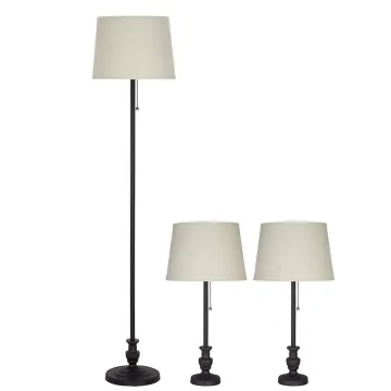 Matt Black Metal 3 Lamp Set: Floor Lamp with Matching Table Lamps for Farmhouse Decor