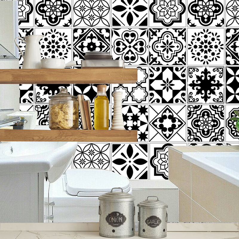 Black white tile stickers for Bathroom kitchen Tile Stickers Decor Adhesive Waterproof PVC Wall Stickers Kitchen Waist Line