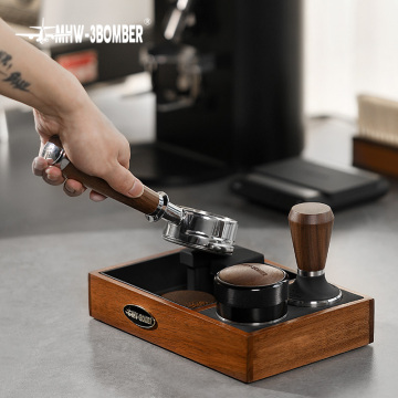 Universal 4-in-1 Multifunctional Espresso Knock Box - 51-58mm Tamping Station Wood Coffee Knock Box Walnut