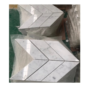 Carrara White Marble Chevron Mosaic Tile with Black or Blue Gray Strips on Mesh