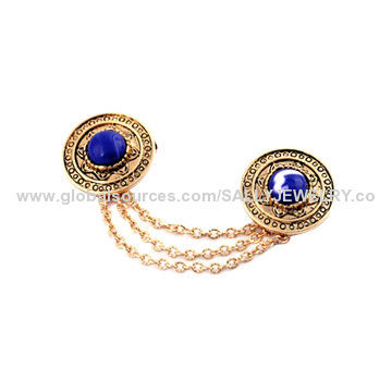 Alloy brooch with resin diamond, gold plating, various designs are available