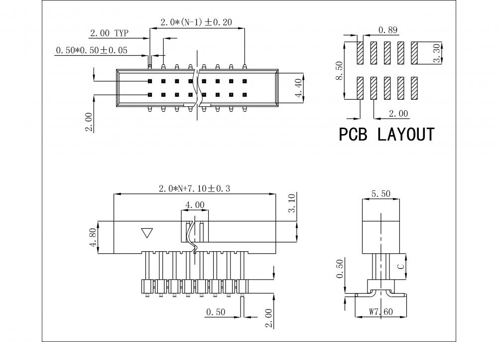 2,0x2,0 mm Dual Row Box Huvud SMT180 ° H = 4,8 Lägg till bostäder