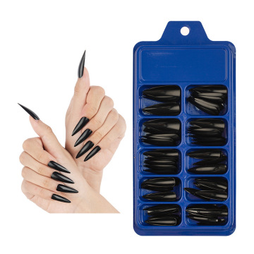 100pcs Long Stiletto Artificial Fake Nails Black Full Cover Impress Press On Nails False Tips Fingernails Woman Manicure