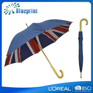 UK print auto open wooden frame stick windproof umbrella