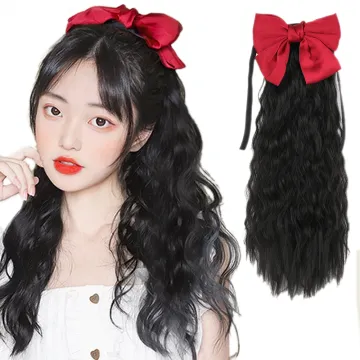 Wholesale 20''Black Brown Long Kinky Curly Wave Synthetic Bowknot Drawetring Ponytail Wrap Clip in Hair Extension For Women