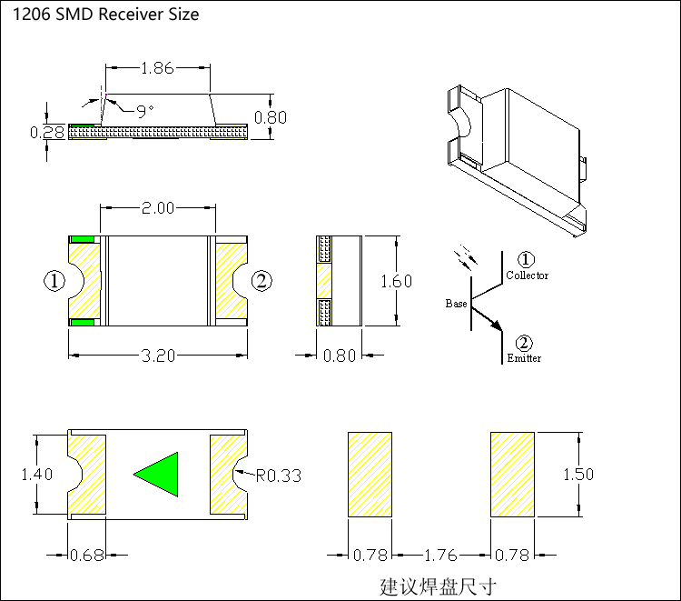 1206 smd 850nm receiver size