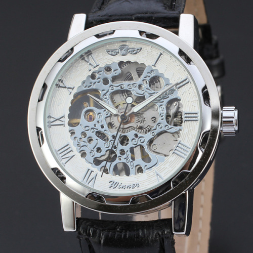 winner audacious skeleton design watch high quality leather band